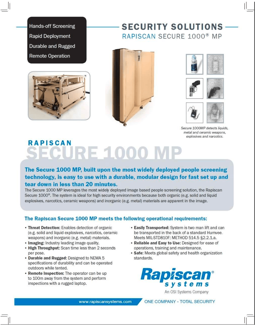 Backscatter Security Scanner for Military use, Rapiscan Systems, Inc.